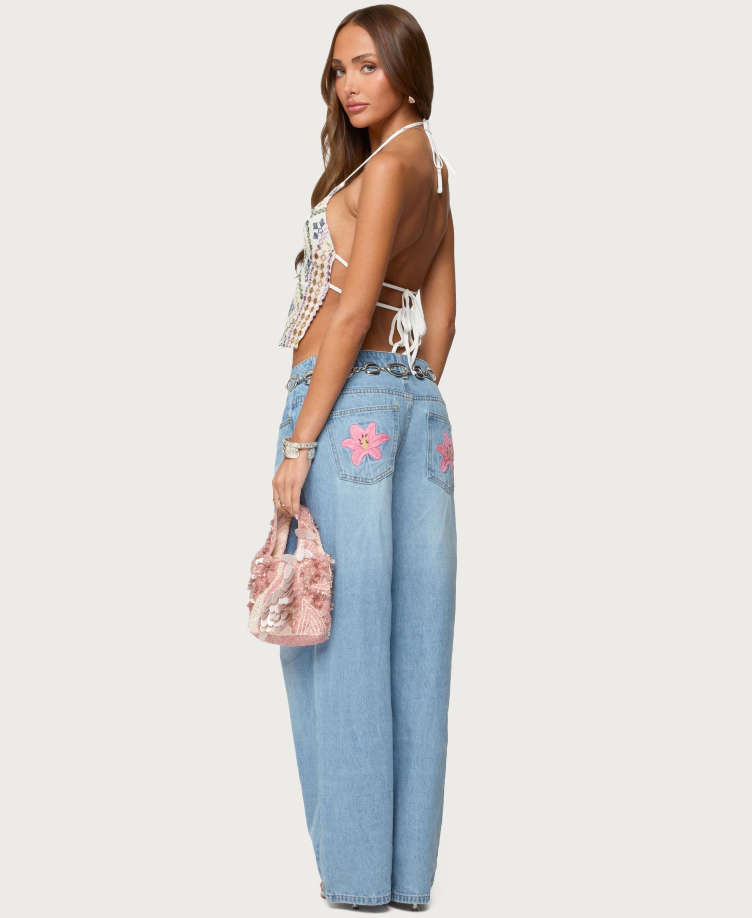 Women's Embroidered Sequin Backless Top