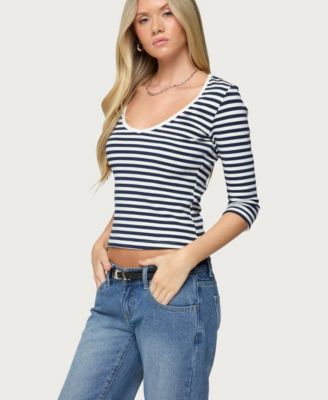 Women's Poppie Striped V Neck Top