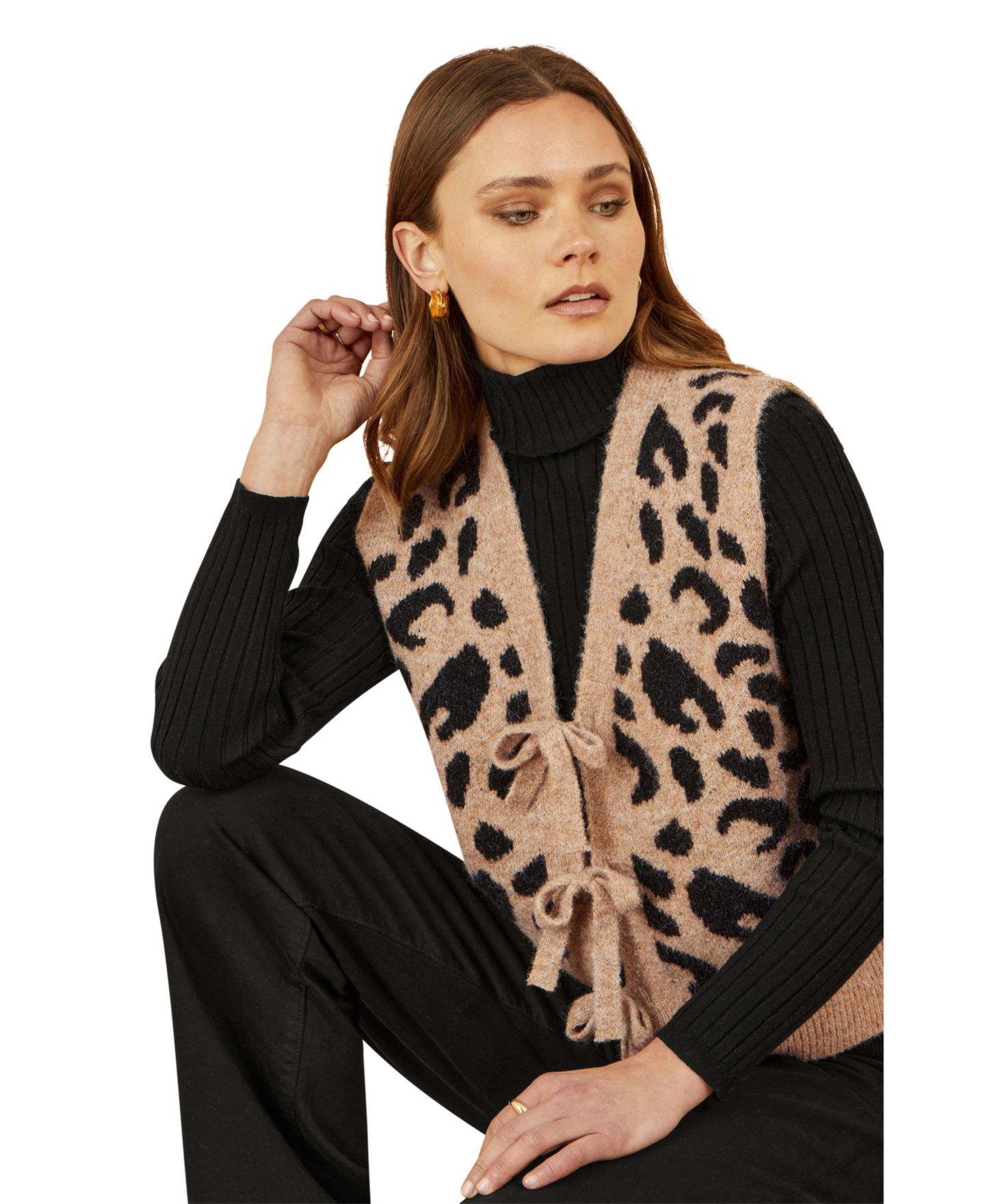 Женские куртки Yumi Knitted Cheetah Print Tie Waistcoat, цвет: Бежевый — фото 8