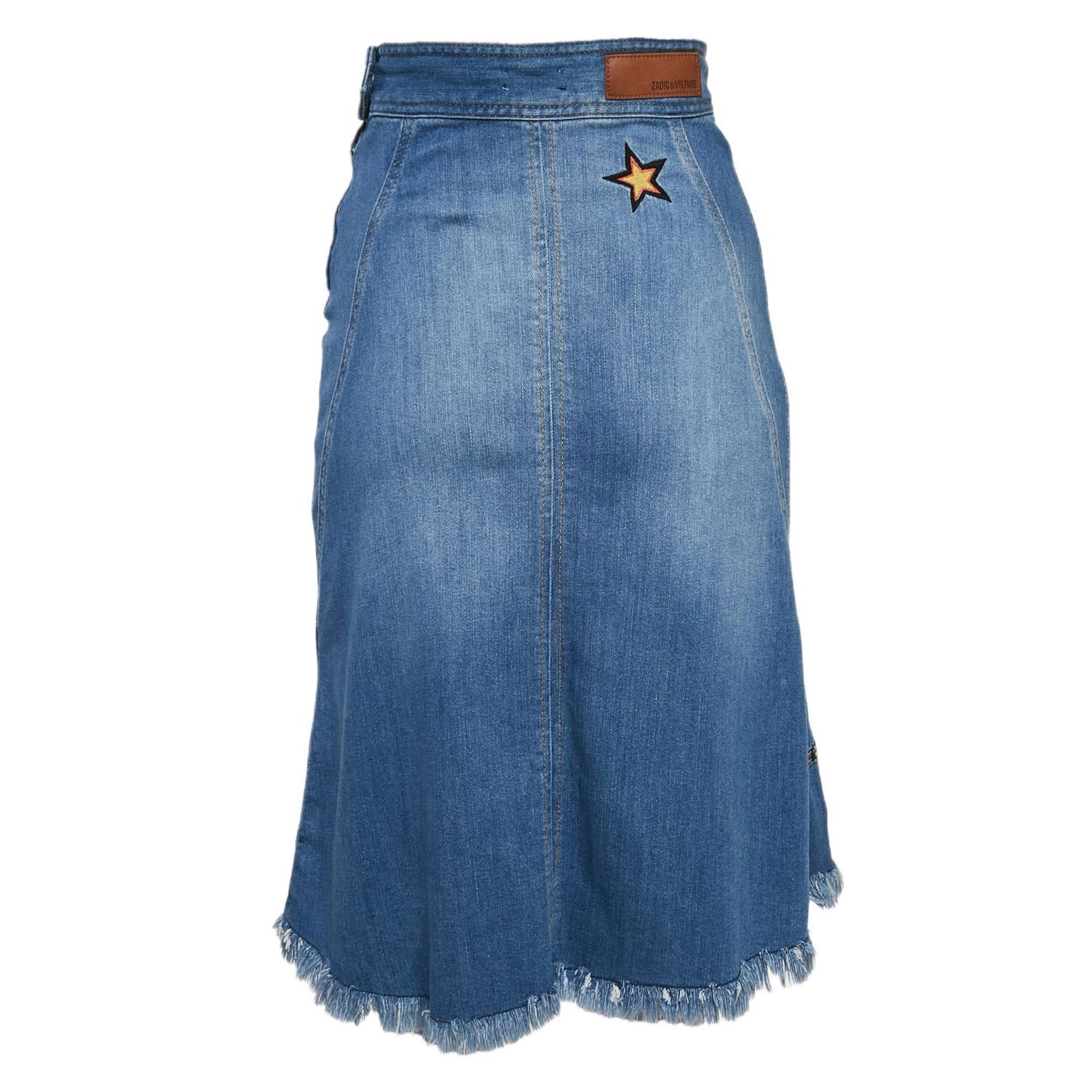 Women's Blue Embroidred Denim Jamille Brode Deluxe Knee-Length Skirt