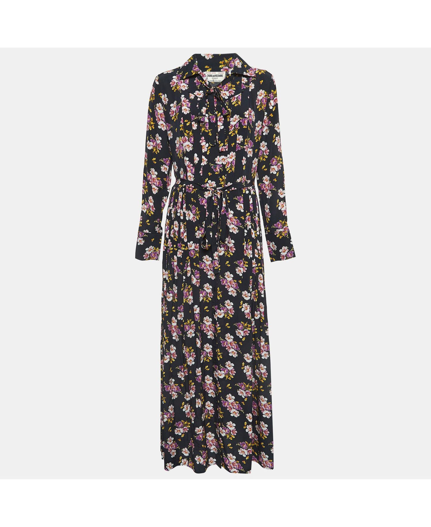 Women's Pre-Owned Zadig and Voltaire Black Floral Print Silk Pleated Button Front Maxi Dress