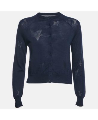 Women's Navy Blue Star Patterned Knit Button Front Cardigan