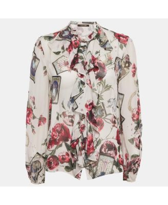 Women's White Printed Silk Chiffon Ruffled Sheer Top