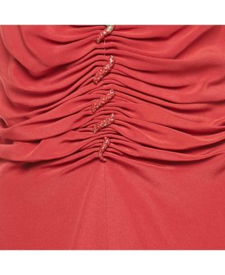 Women's Red Crepe Ruched Slit Maxi Dress