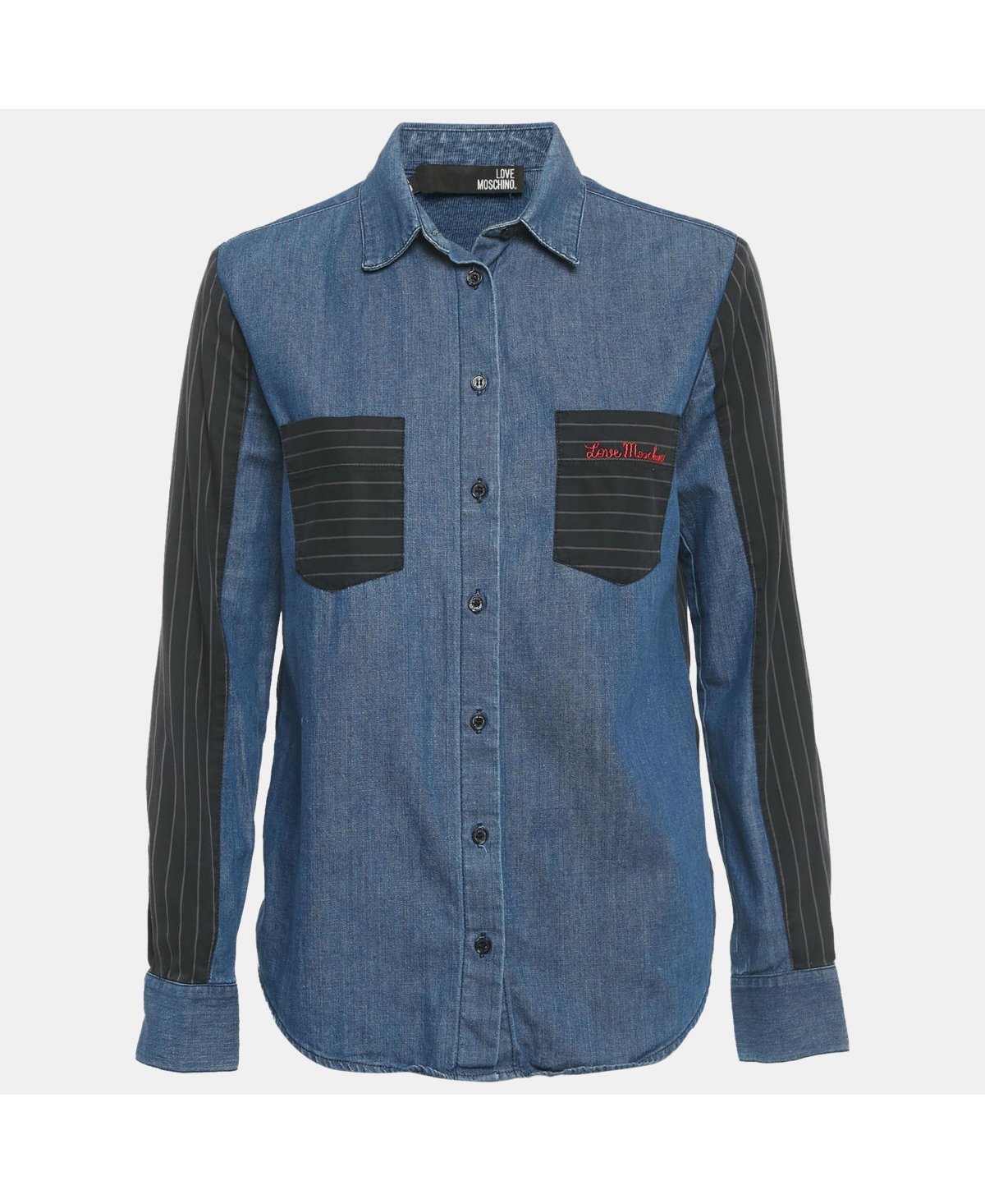 Pre-Owned Love Moschino Women's Blue Striped Denim Button Front Shirt