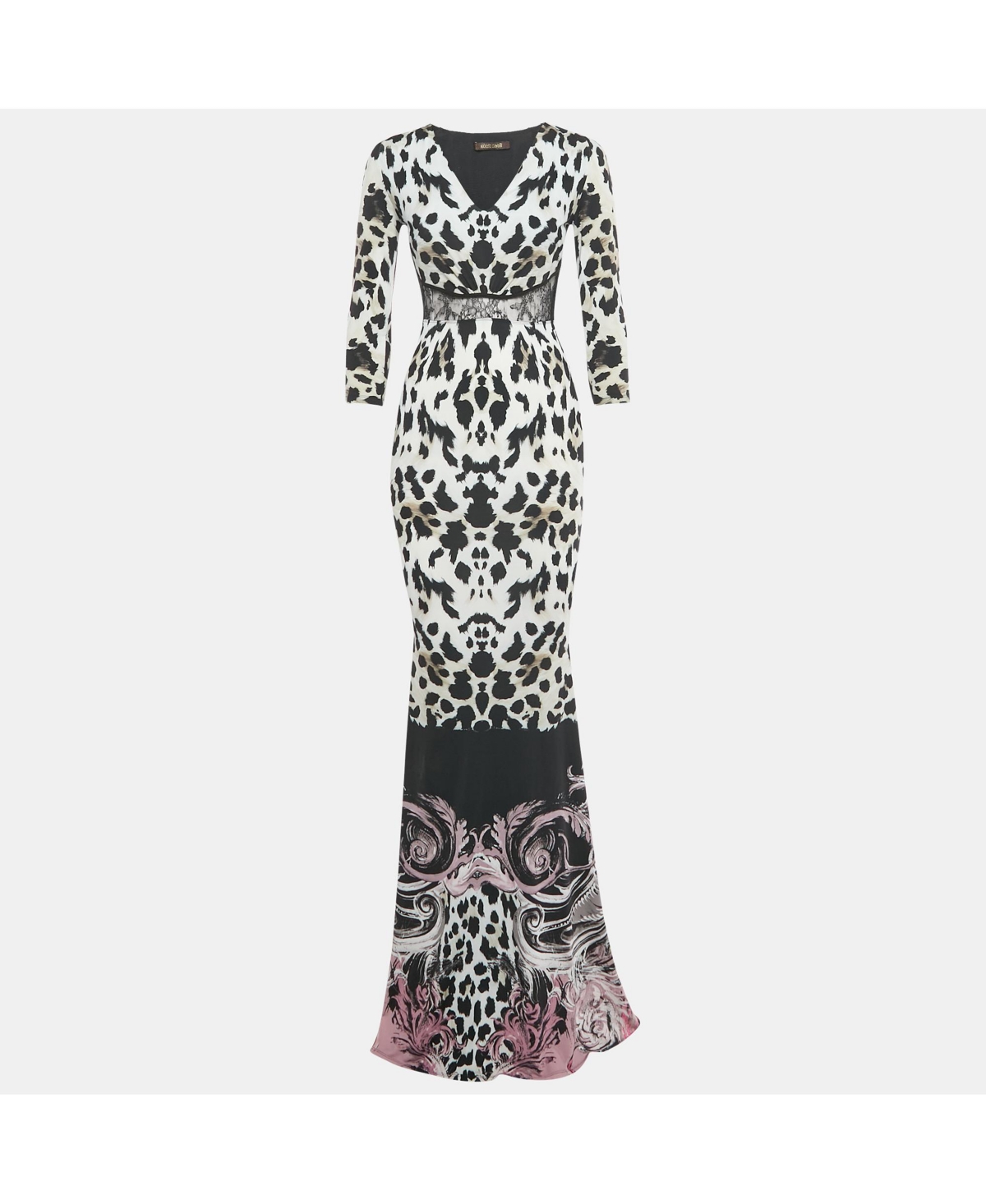 Pre-Owned Roberto Cavalli Women's Black /white Animal Print Lace Detail Jersey Maxi Dress