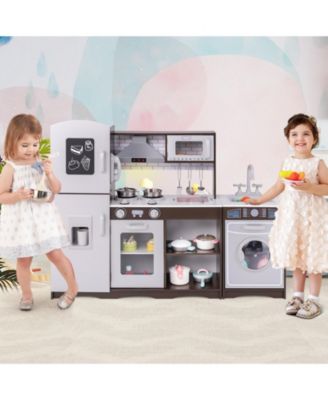 Interactive Corner Toy Kitchen Set with Light, Sounds, and Storage Cabinets - Dark Brown