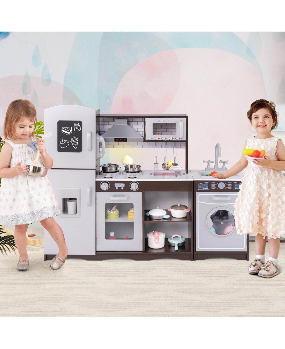 Hongge Interactive Corner Toy Kitchen Set with Light, Sounds, and Storage Cabinets - Dark Brown