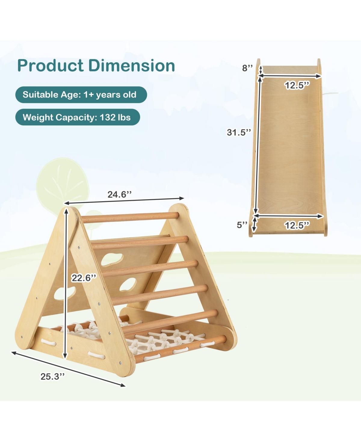 Skonyon 4 in 1 Triangle Climber Toy with Sliding Board and Climbing Net-Natural
