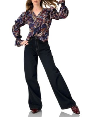 Women's V-Neck Printed Shirt With Smocked Sleeves