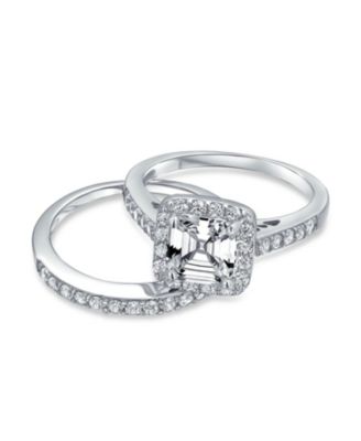 Art Deco Style 2CT Asscher Cut Square CZ Cubic Zirconia Halo Promise Ring Set Sterling Silver