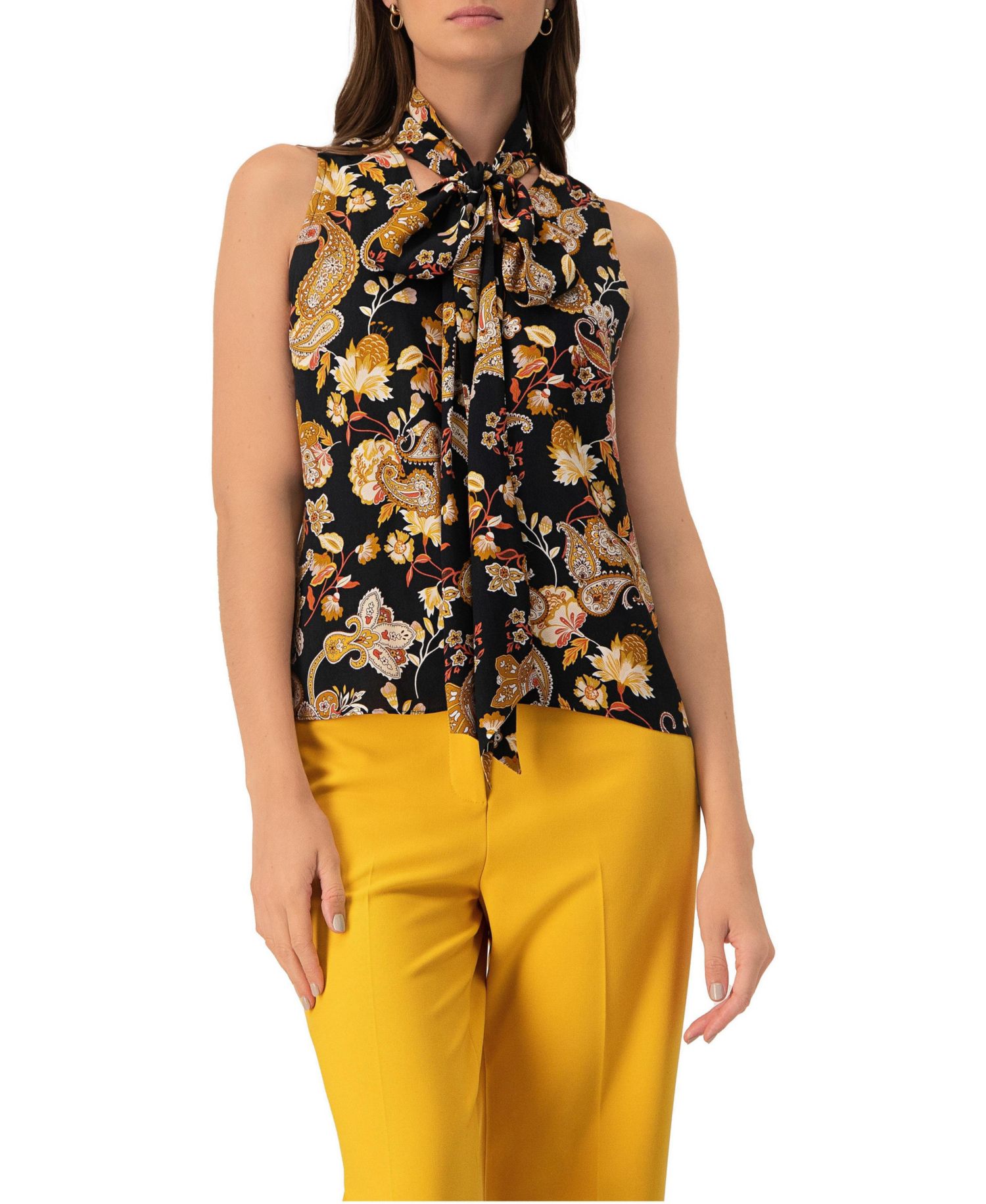 Women's V-Neck Sleeveless Blouse with Neck Ties