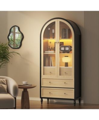 70" Arched Pantry Cabinet with LED Lights, 3 Drawers, Adjustable Shelf & Glass Doors, Black & Oak