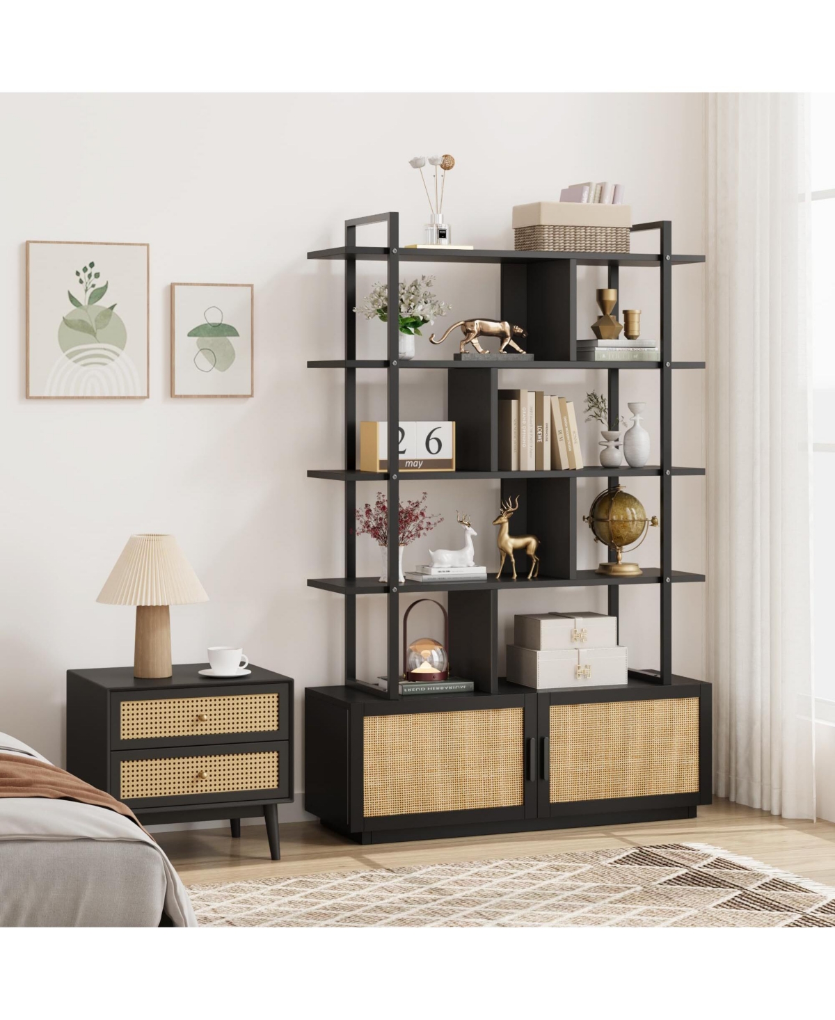 Gaomon 5 Tier Rattan Bookshelf with Storage Cabinet & Door, 5 Shelf Bookcase with Metal Frame for Living Room, Bedroom