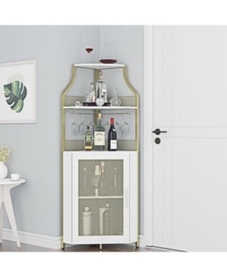Farmhouse Wine Bar Corner Cabinet with Detachable Rack, Mesh Door, Glass Rack, and Storage for Kitchen and Dining Room,Gold