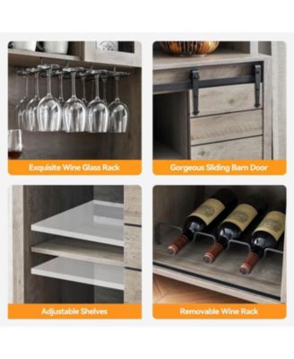 70" Farmhouse Bar Cabinet with Sliding Barn Door, Storage Shelves, Wine and Glass Rack, Sideboard for Kitchen and Dining Room, Gray
