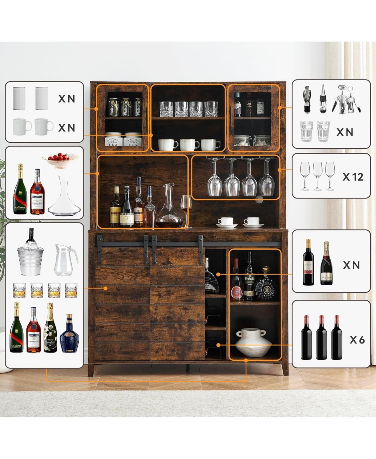 Gaomon 70" Farmhouse Bar Cabinet with Sliding Barn Door, Storage Shelves, Wine and Glass Rack, Sideboard for Kitchen and Dining Room