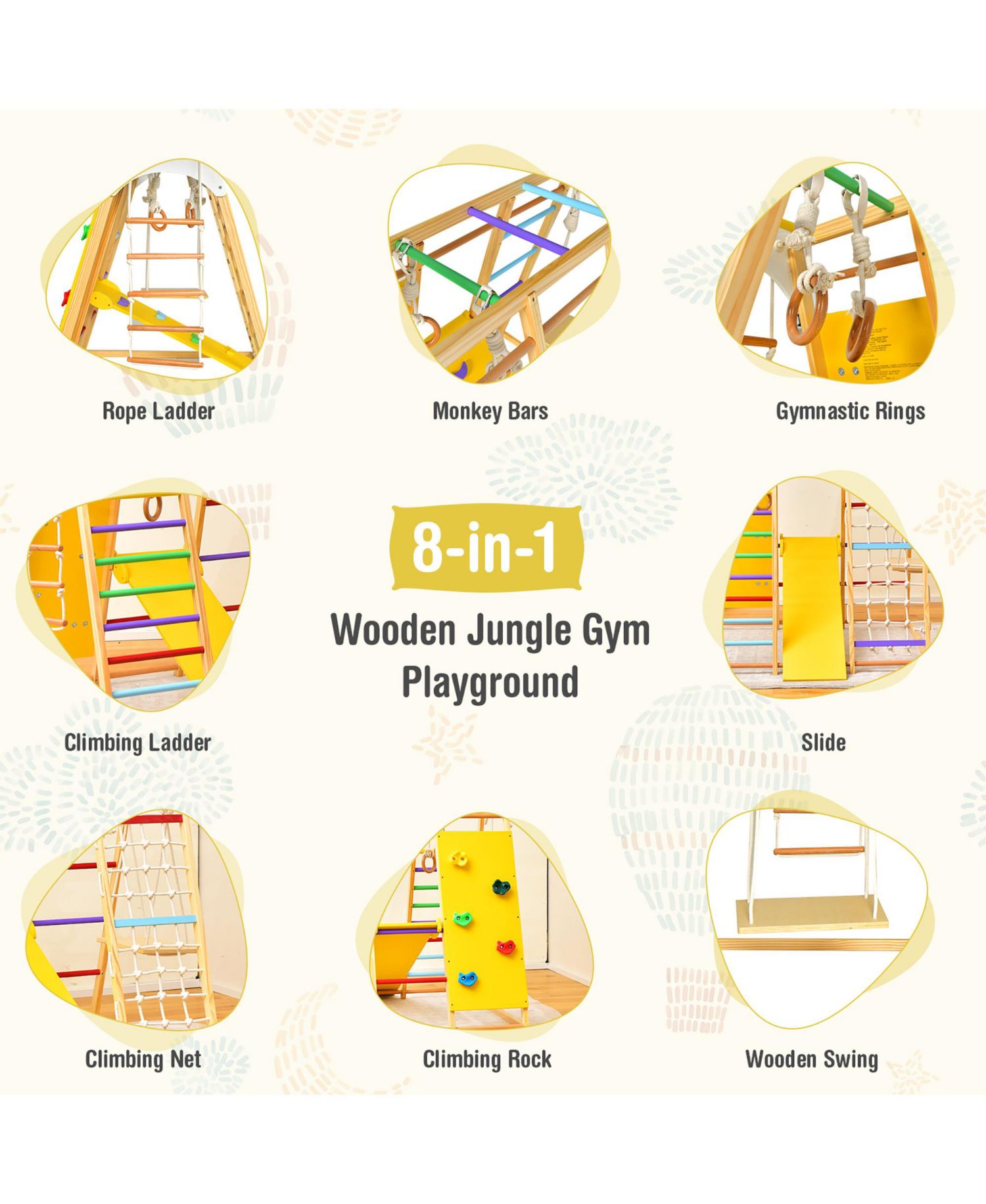 Ages 1+ 8-in-1 Wooden Indoor Jungle Gym Playset