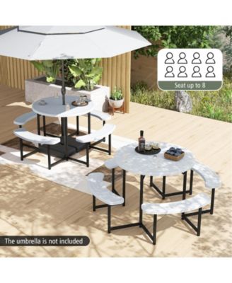 Round Picnic Table Set with 4 Benches and Umbrella Hole