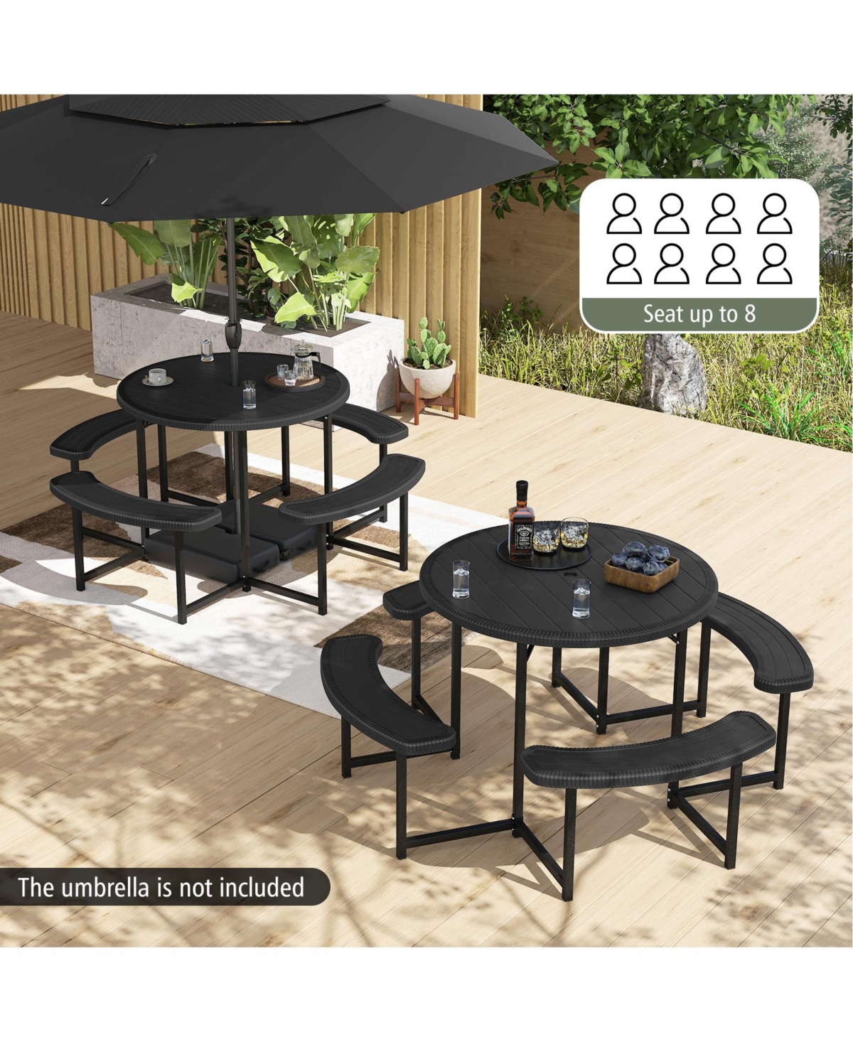 Slickblue Round Picnic Table Set with 4 Benches and Umbrella Hole