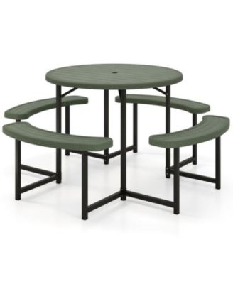 Round Picnic Table Set with 4 Benches and Umbrella Hole