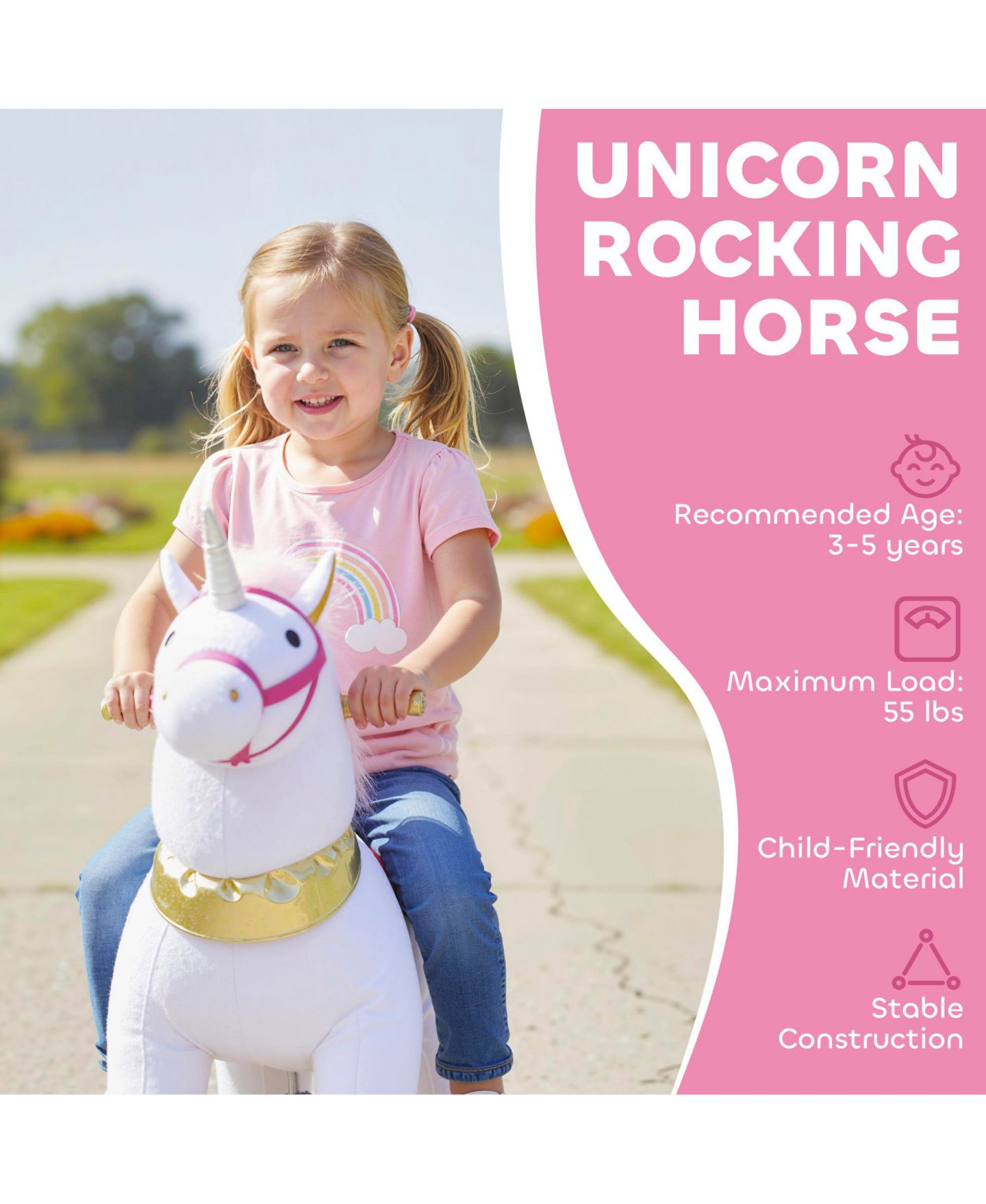 Детская мягкая игрушка Qaba Ride-On Unicorn Plush Rocking Horse, 55 lbs. Capacity, Ages 3-5, цвет: Белый — фото 4