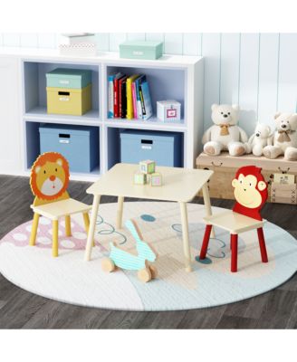 3-Piece Kids Table and Chair Set with Lion and Monkey Theme in Natural