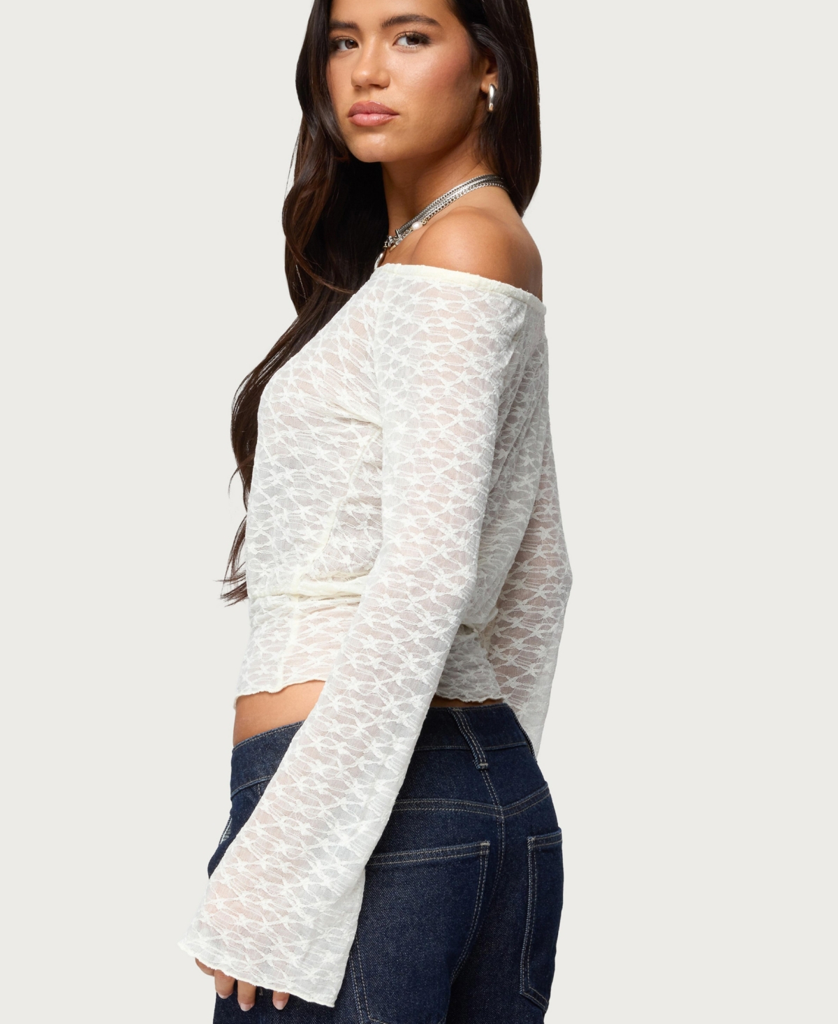 Edikted Women's Alef Sheer Lace Off Shoulder Top