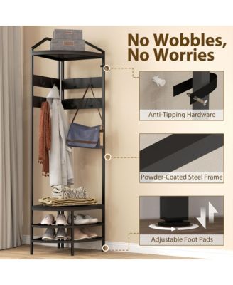 Corner Hall Tree, Coat Rack with Shoe Storage, Hooks, Shelves