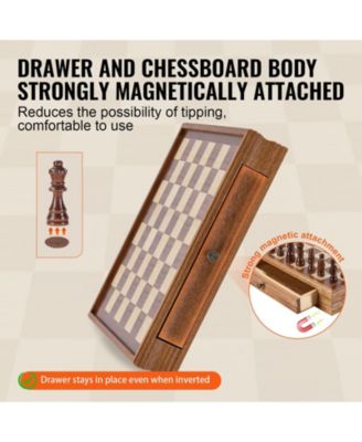 Solid Wood 15-Inch 2-in-1 Chess and Checkers Set with Storage Drawer, Weighted Pieces and Extra Queens for Adults and Kids
