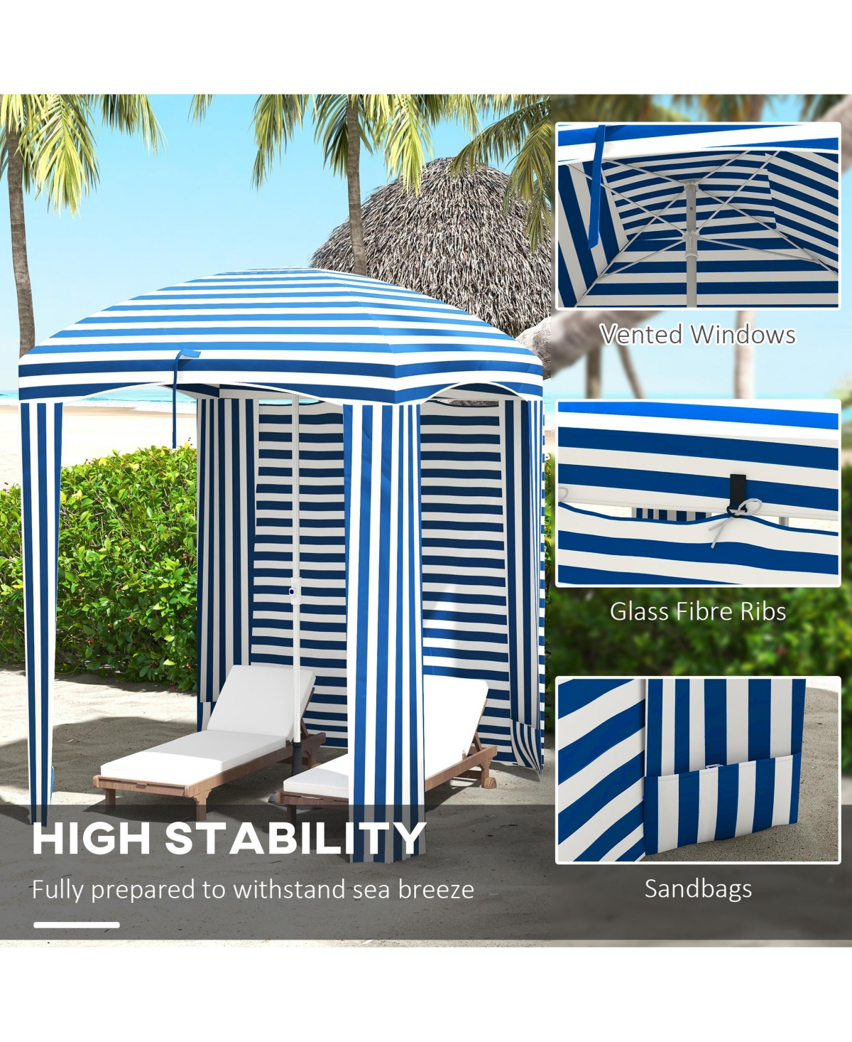Outsunny Beach Cabana Umbrella with Bag, Windows, Stripe