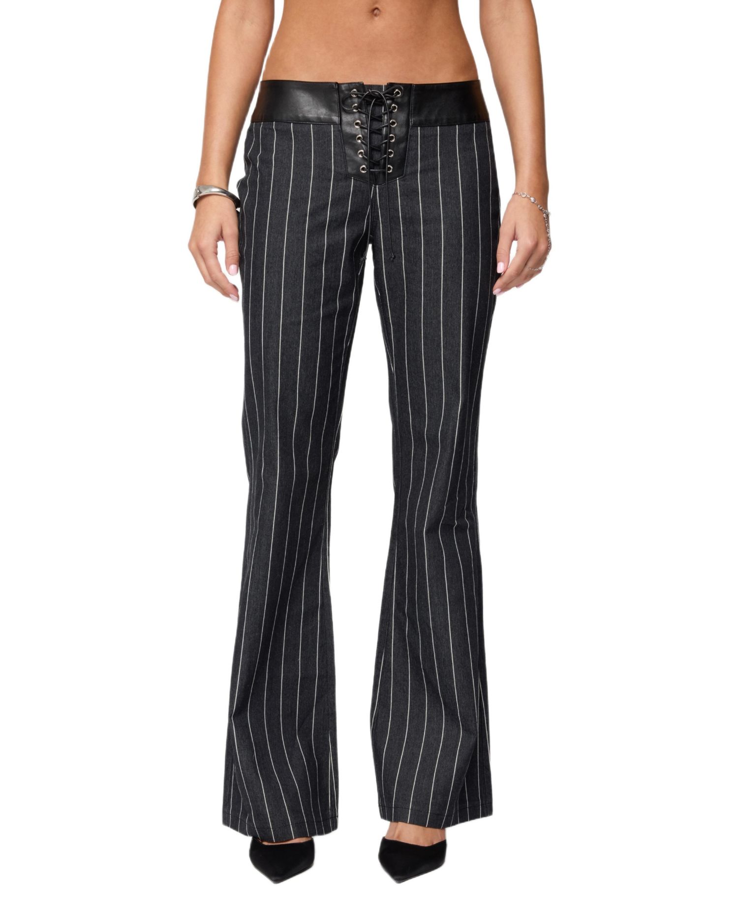 Women's Pinstripe and Faux Leather Low Rise Flared Jeans