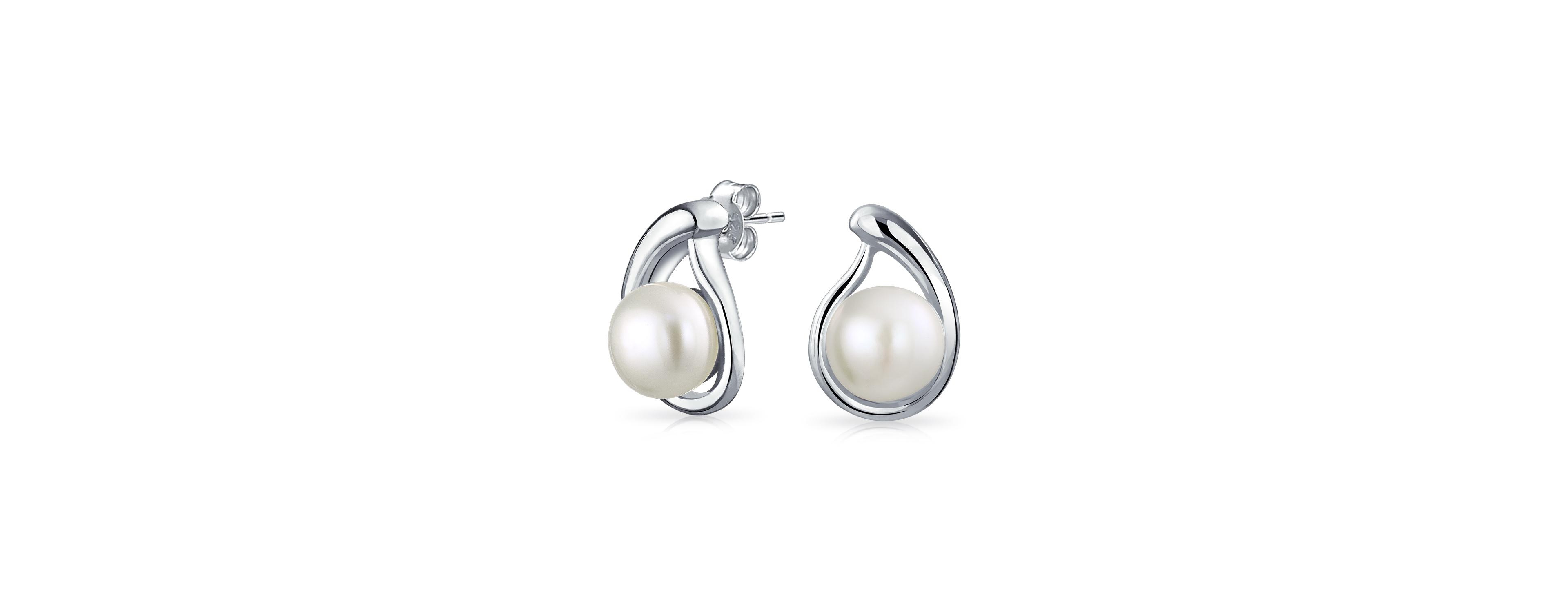 Bling Jewelry Elegant White Freshwater Button Cultured Pearl Teardrop Pear Shaped Stud Earrings Sterling Silver