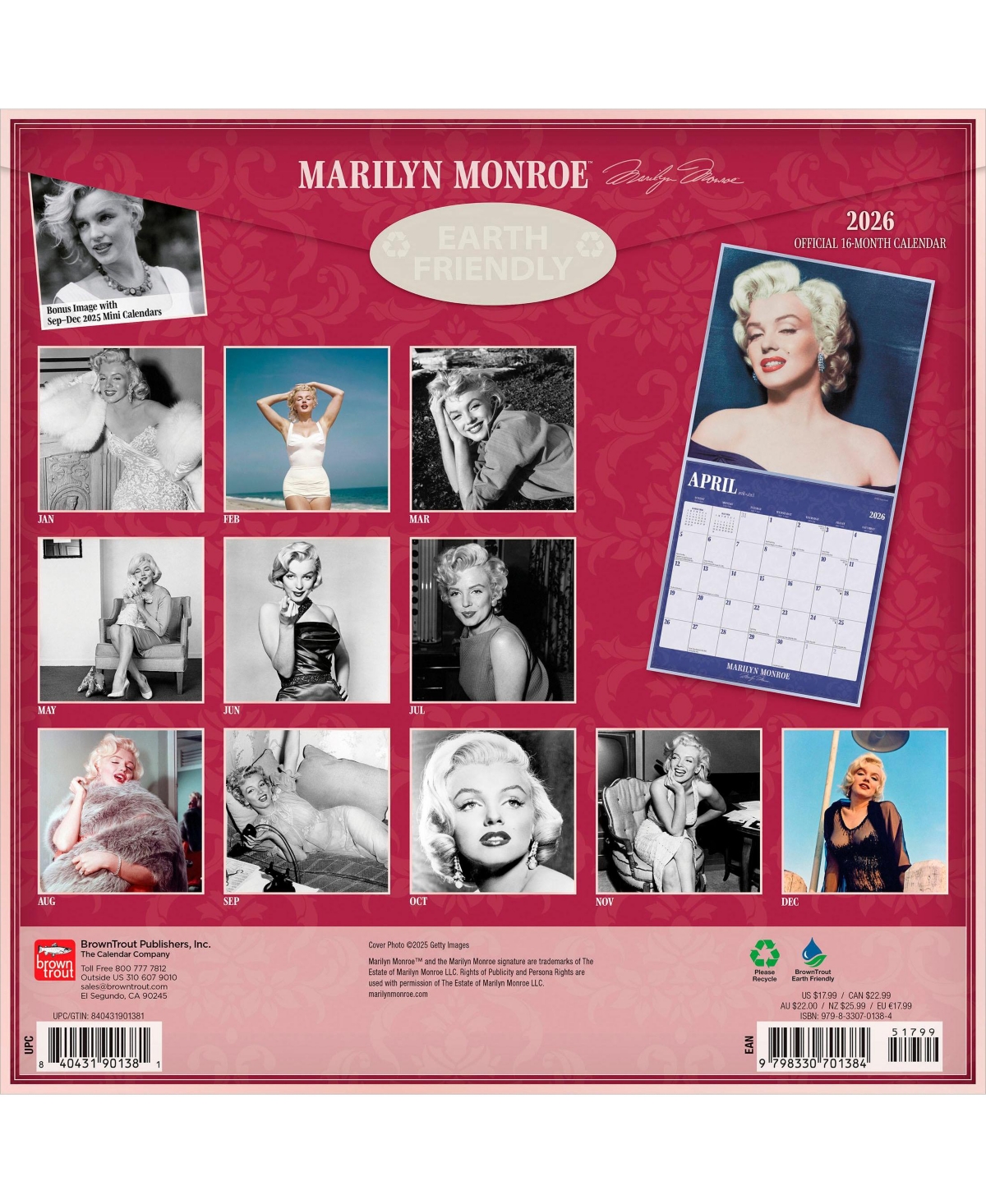 BrownTrout Marilyn Monroe Official | 2026 12 x 24 Inch (Hanging) Monthly Square Wall Calendar | Foil Stamped Cover | Plastic-Free