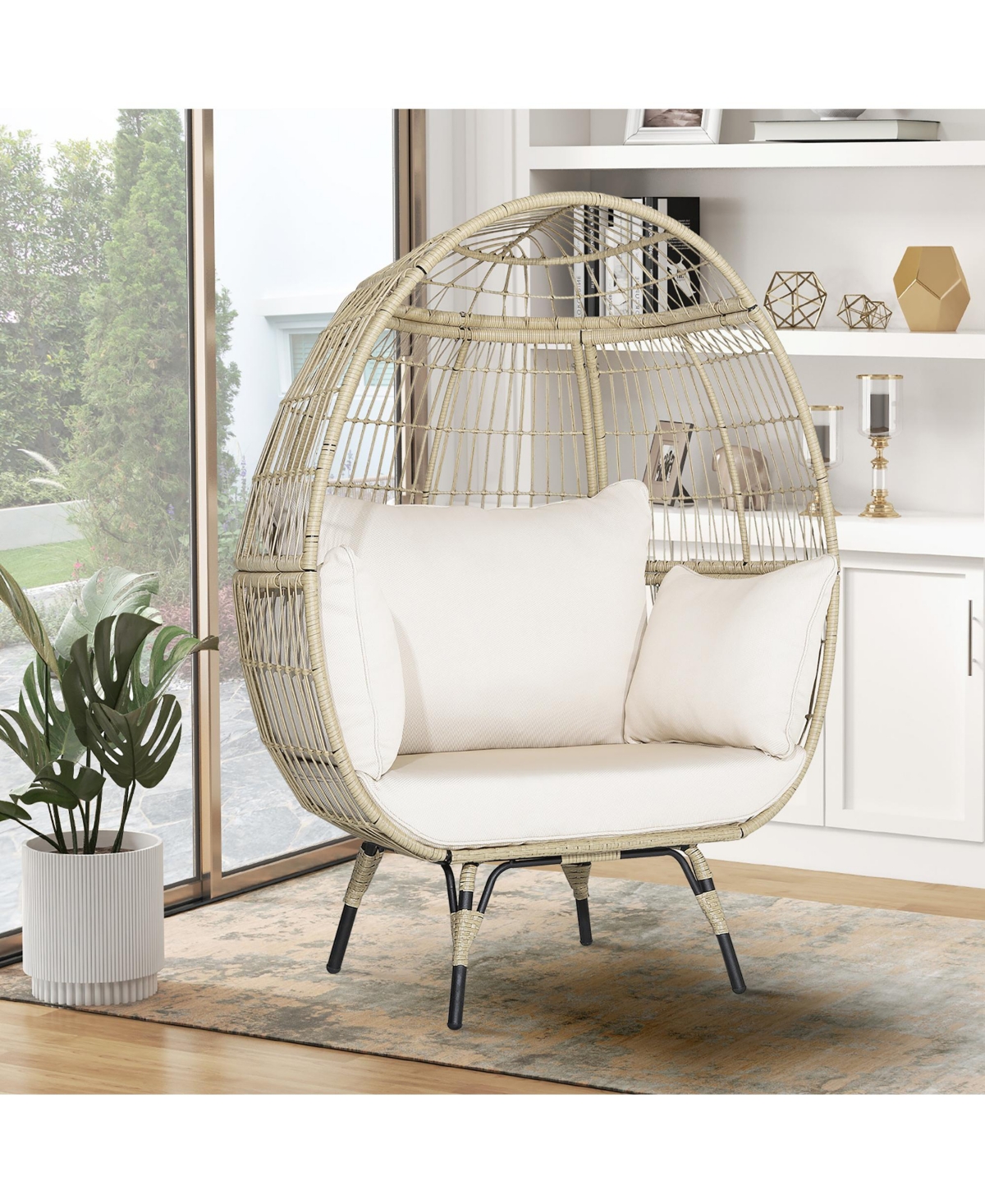 Costway Patio Oversized Rattan Egg Chair Lounge Basket with 4 Cushions for Indoor Outdoor