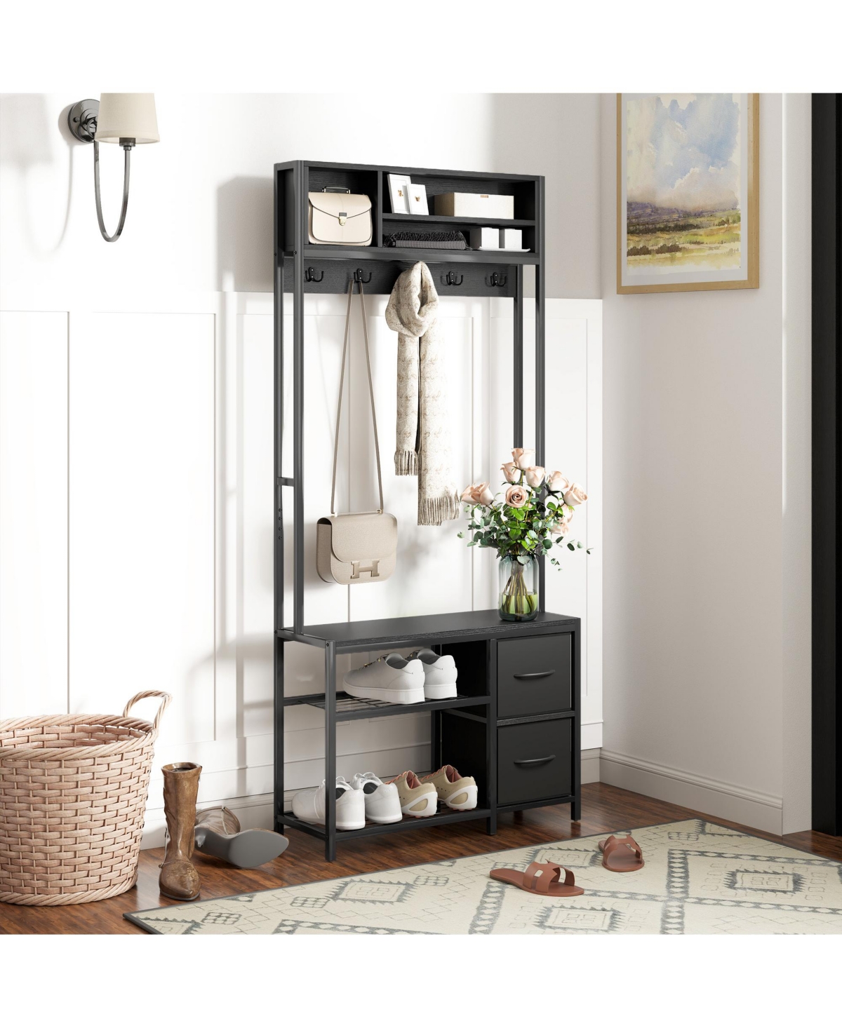 Homcom Hall Tree with Bench, 5-in-1 Entryway Bench Coat Rack,