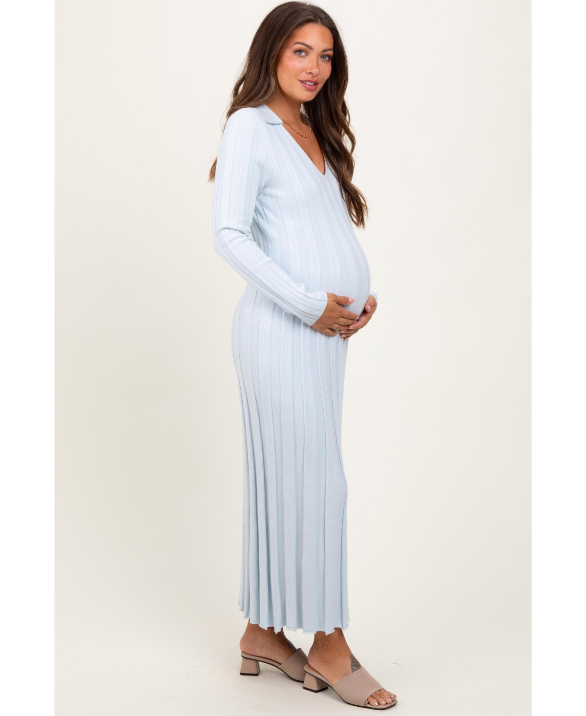 Pinkblush Maternity Light Blue Wide Ribbed Knit Collared Midi Dress