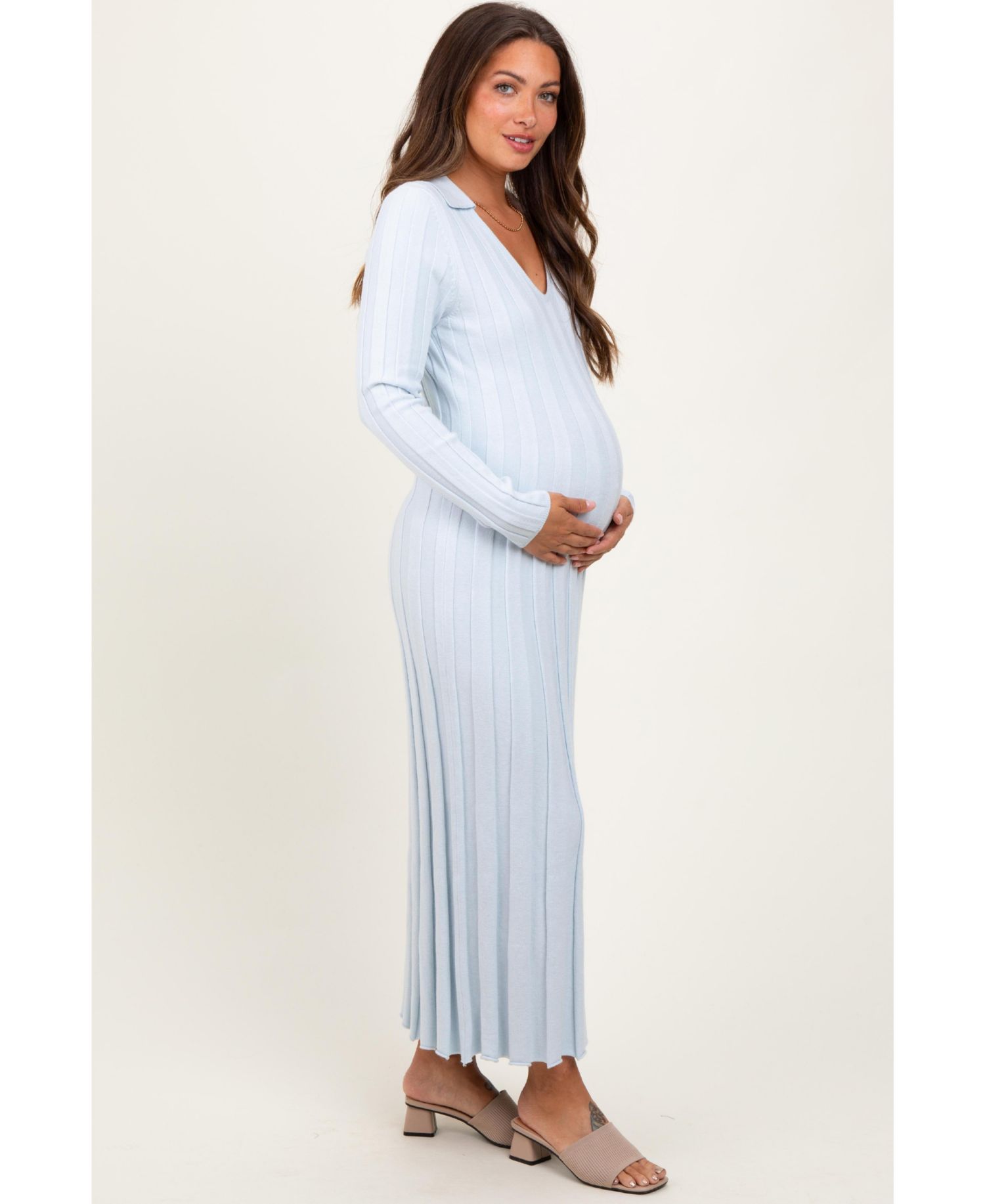 Maternity Light Blue Wide Ribbed Knit Collared Midi Dress