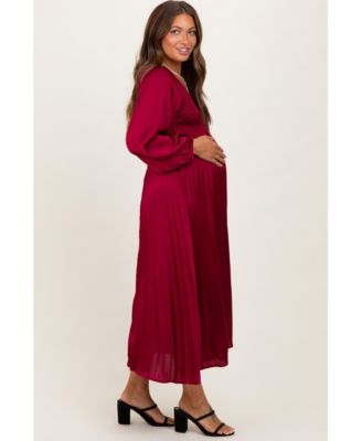 Maternity Burgundy Satin Smocked Pleated Midi Dress
