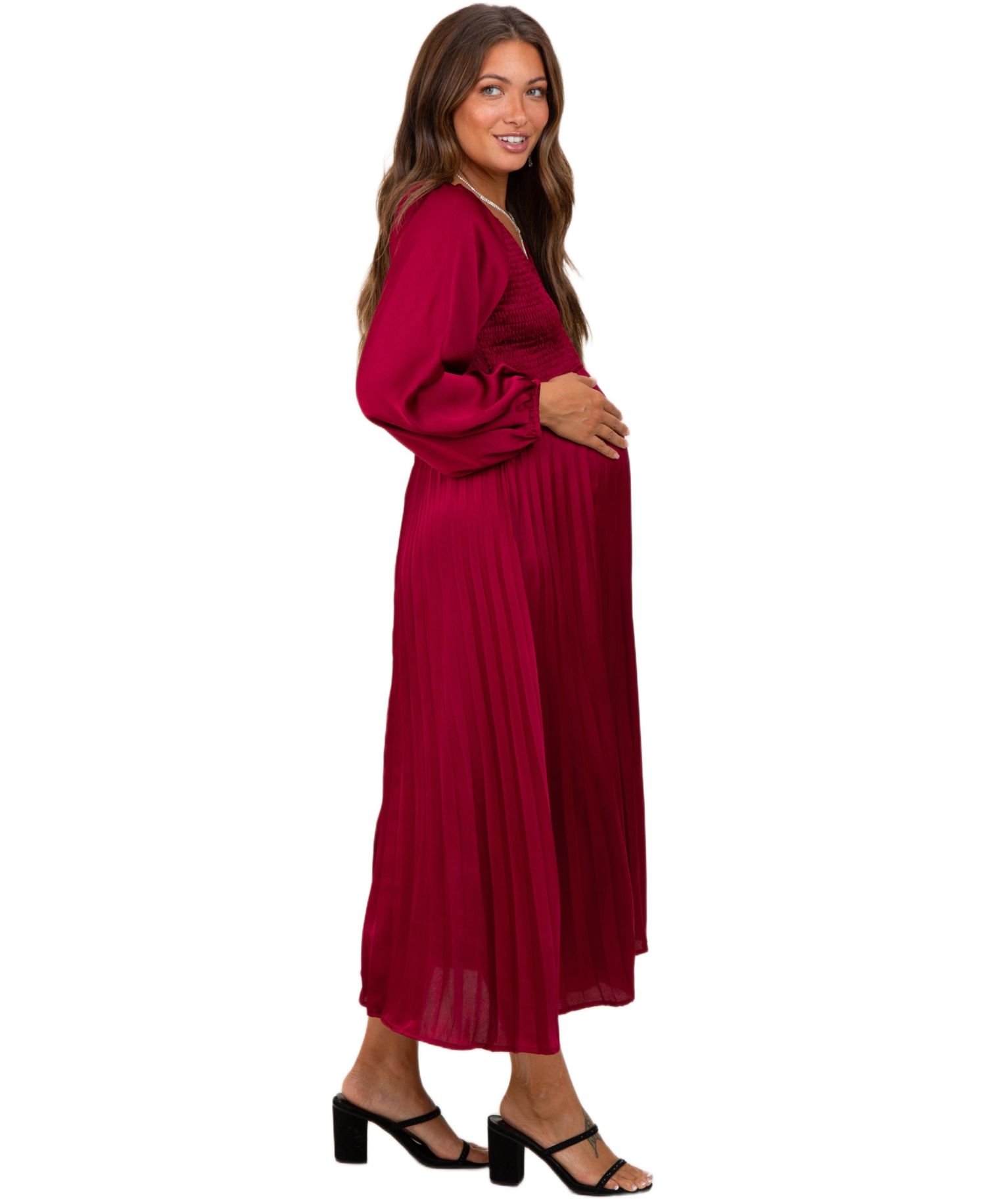 Women's Burgundy Satin Smocked Pleated Midi Dress