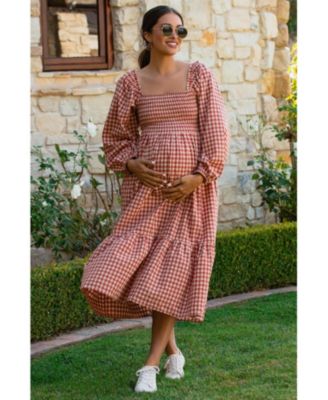 Maternity Rust Gingham Long Sleeve Midi Dress