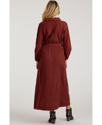 Maternity Blue Gauze Belted Shirt Midi Dress