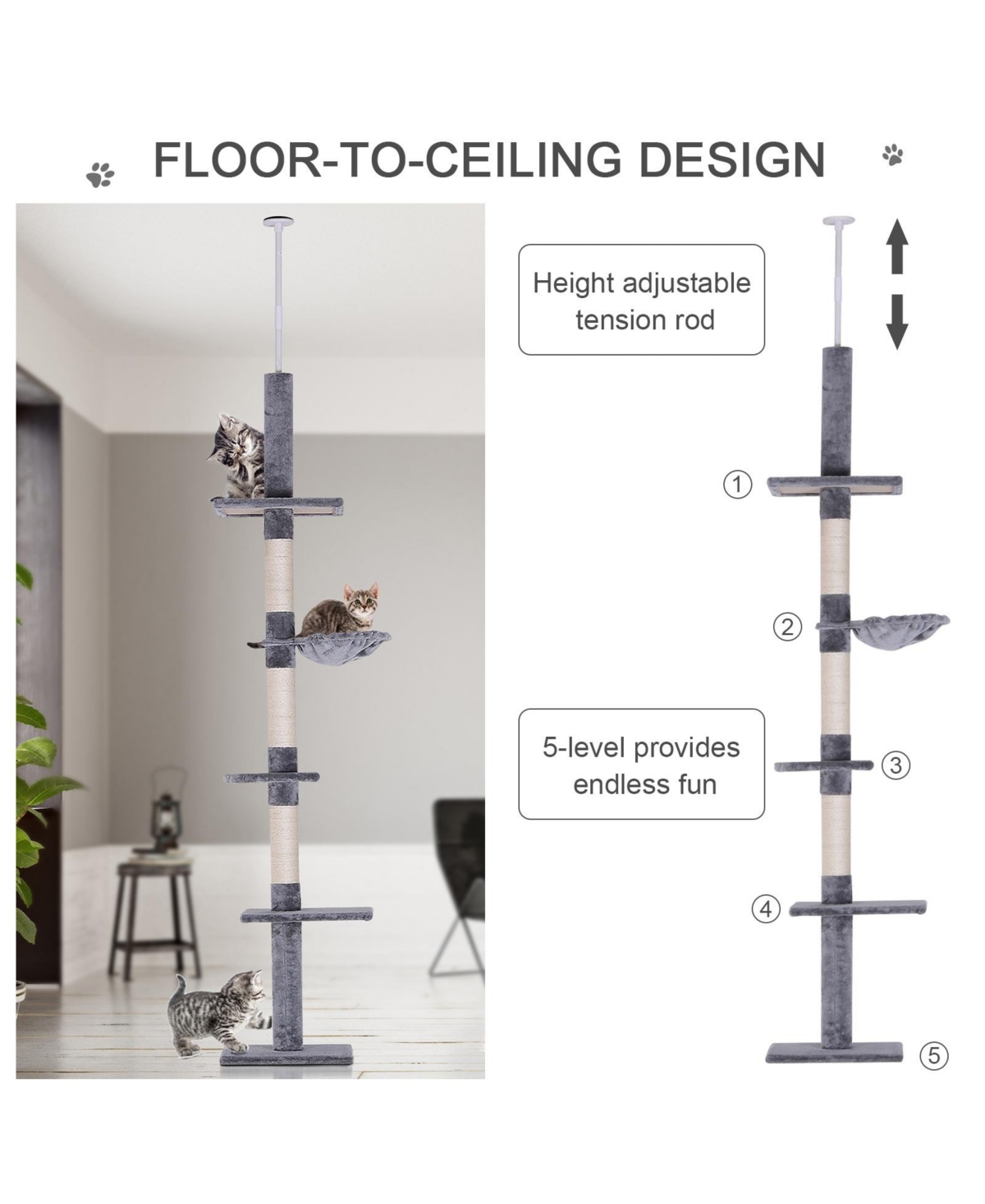 PawHut 8.5' Adjustable Floor-To-Ceiling Cat Tree w/ 5 Carpet Platforms,