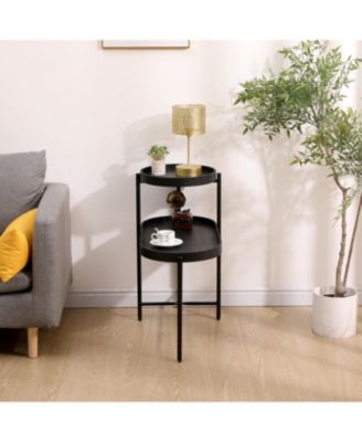 Black 2-Tier Side Table with Metal Frame and Wooden Storage