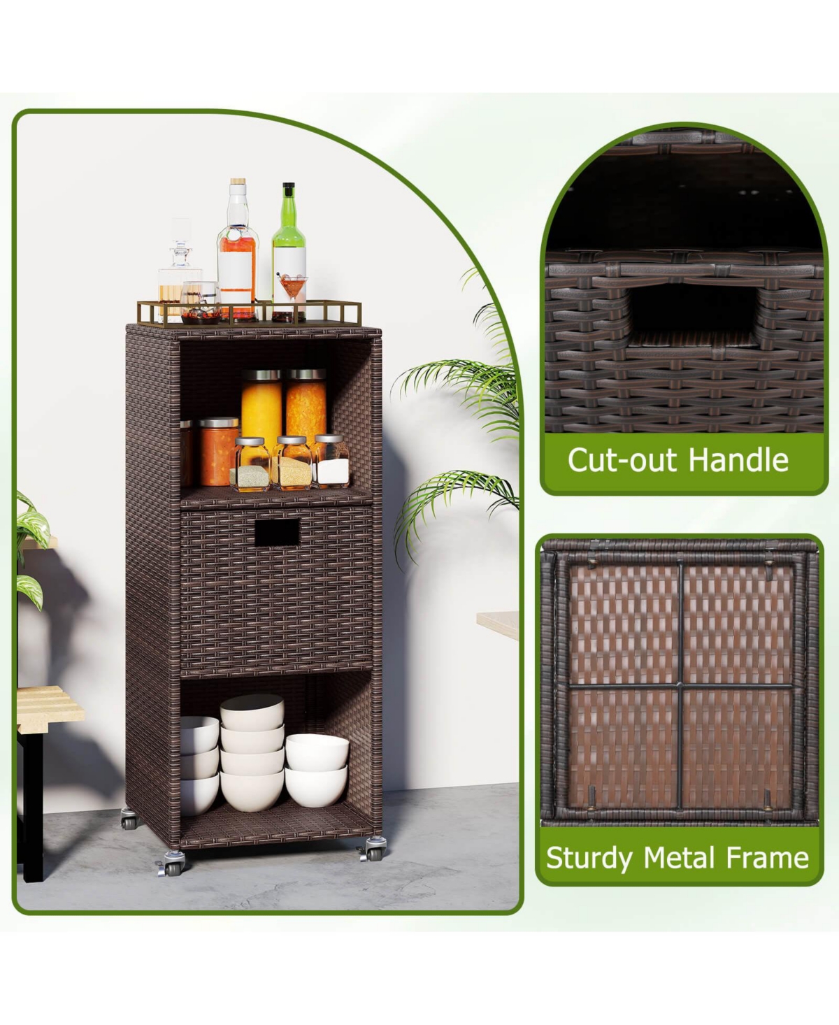 Costway Outdoor Storage Cabinet with Storage Shelves Drawer and Rolling Wheels for Porch