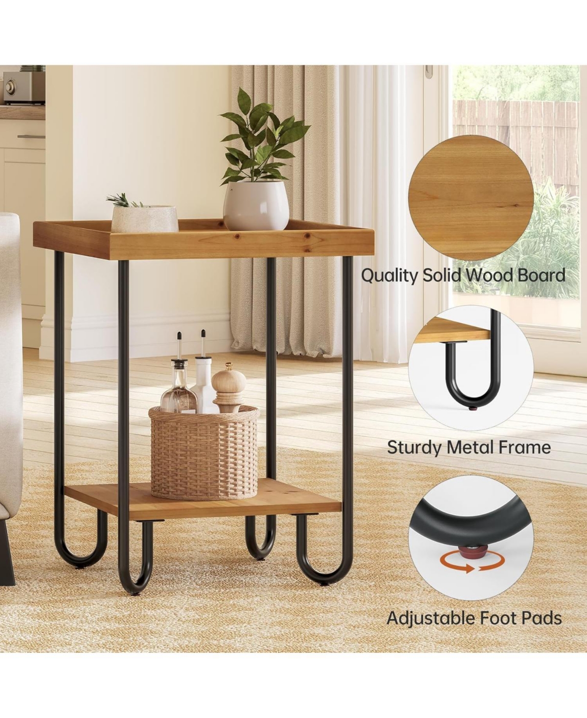 Tribesigns Solid Wood Square End Table, Sofa Side Table with 2-Tier Storage Shelf for Living Room, Easy Assembly