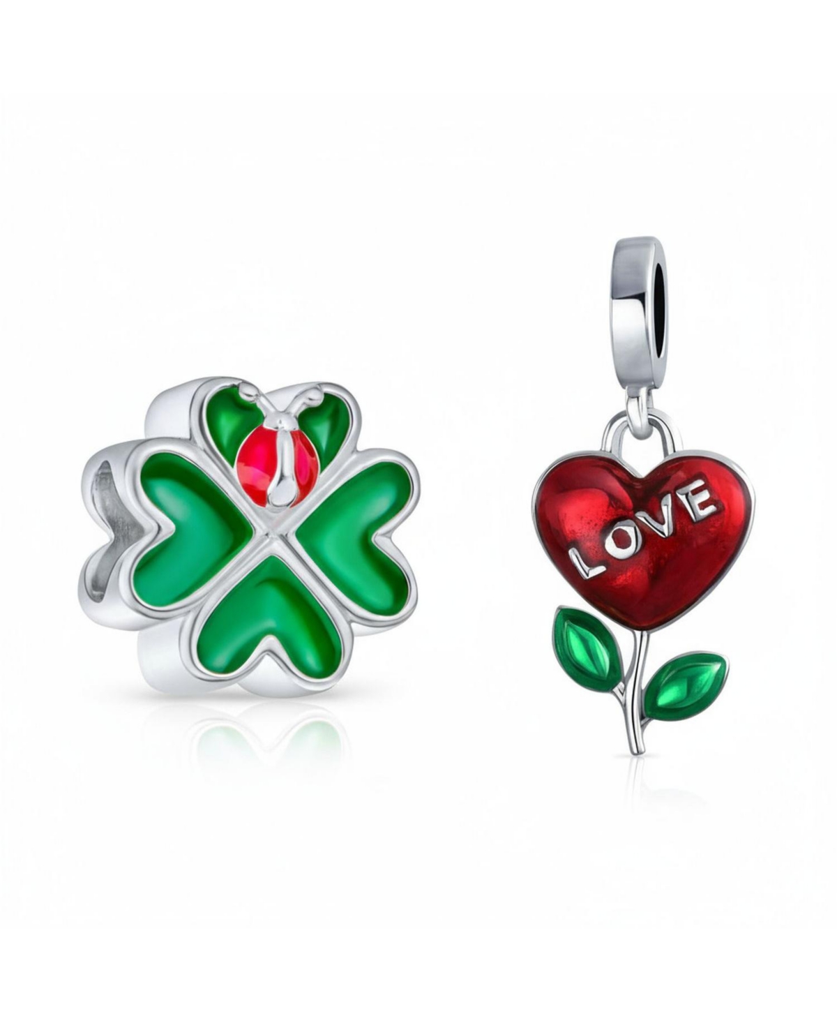 Bling Jewelry Set of 2 Love Grows Red Flower Heart Dangle & 3D Red Lady Bug Green Heart Clover Charm Bead Enamel Sterling Silver