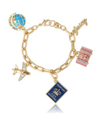 Travel Icons Charm Bracelet, Gold Tone with Blue & Pink Enamel