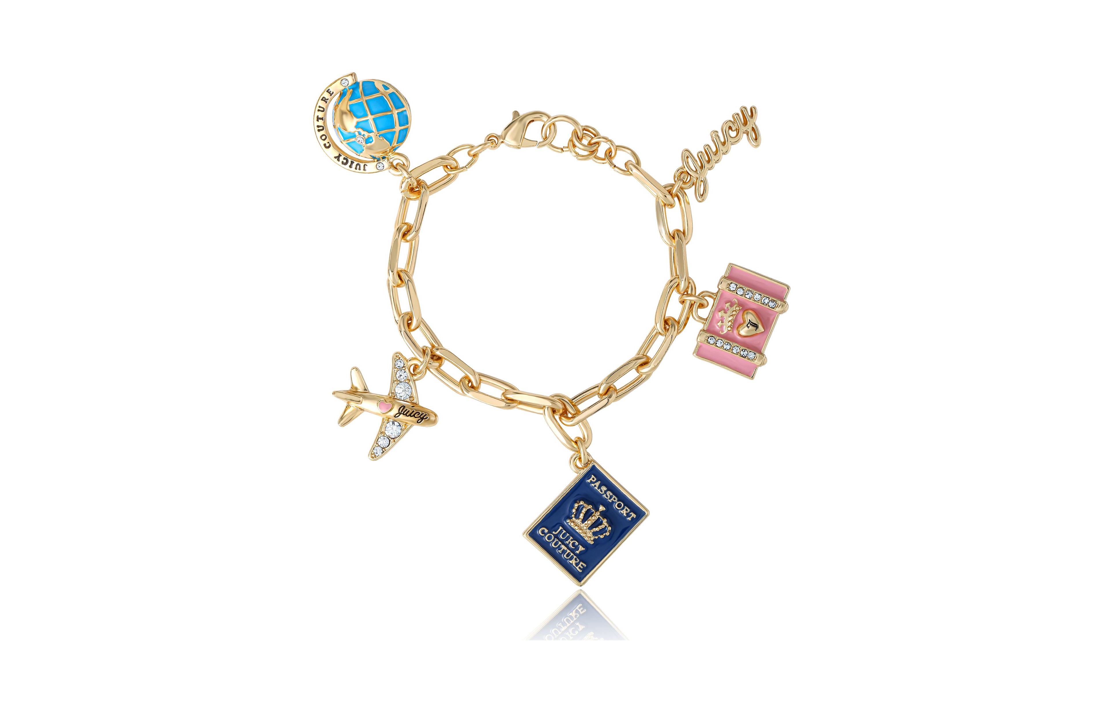 Juicy Couture Travel Icons Charm Bracelet, Gold Tone with Blue & Pink Enamel