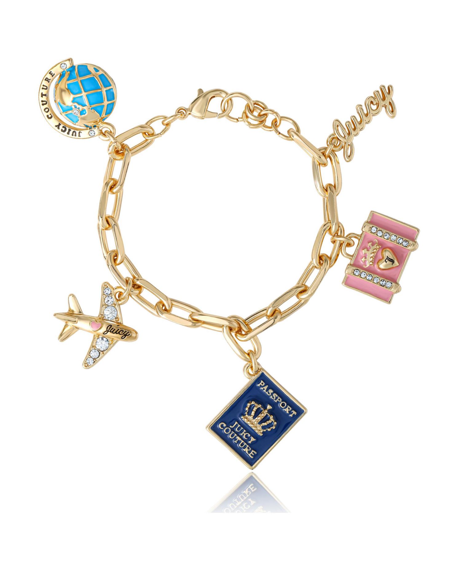 Travel Icons Charm Bracelet, Gold Tone with Blue and Pink Enamel